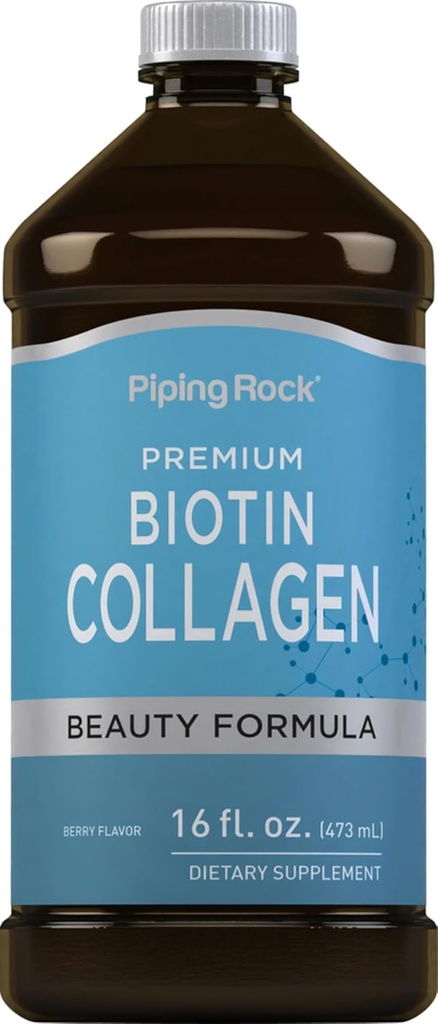 Piping Rock Liquid Collagen and Biotin 16 fl oz | Premium Beauty Formula Supplement | Type 1 and 3 | Berry Flavor | Non-GMO and Gluten Free