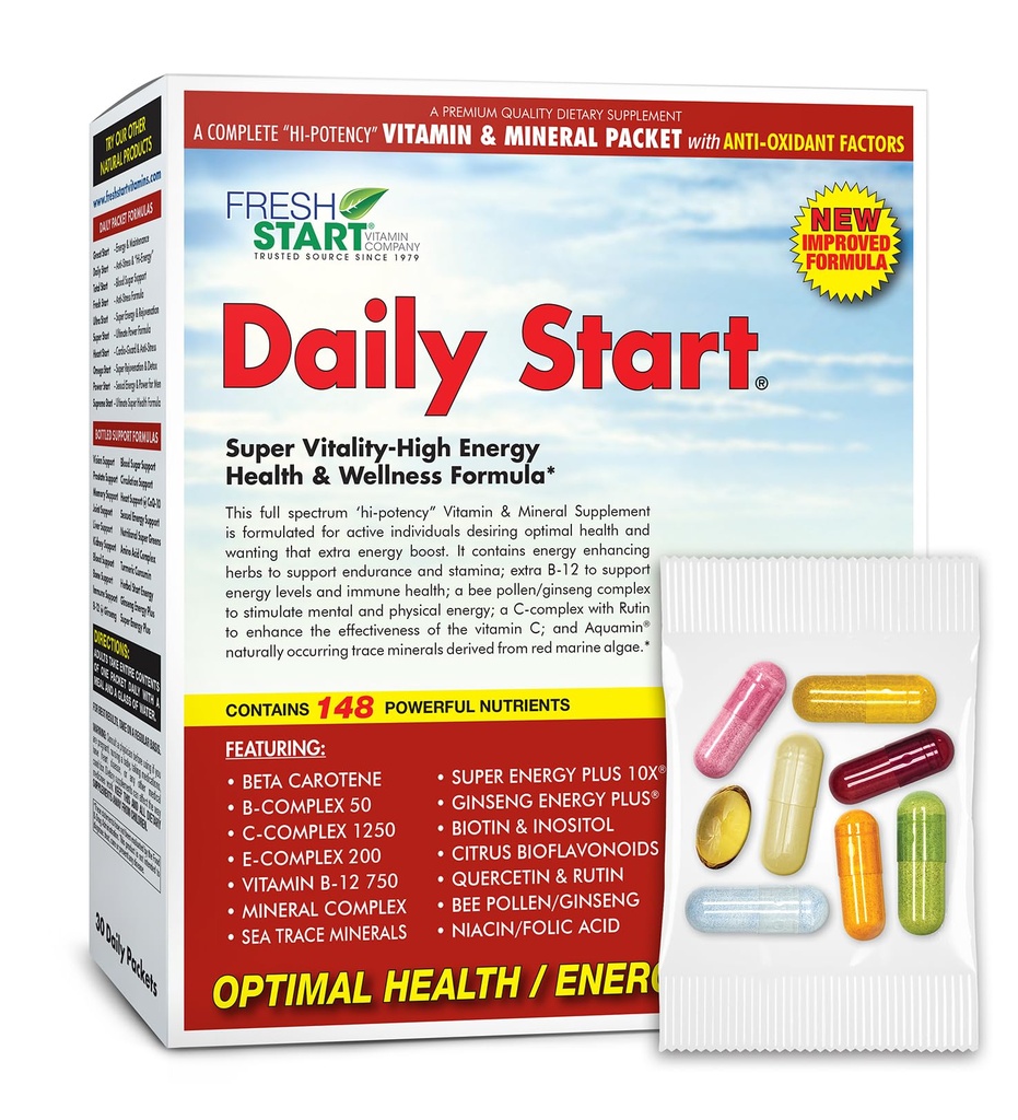 Daily Start All-in-One Daily Vitamin Pack - Energy & Focus - Vitamin B12, Panax Ginseng, B-Complex, Guarana, Yerba Mate, Ashwagandha & Antioxidants - 30 Day Supply