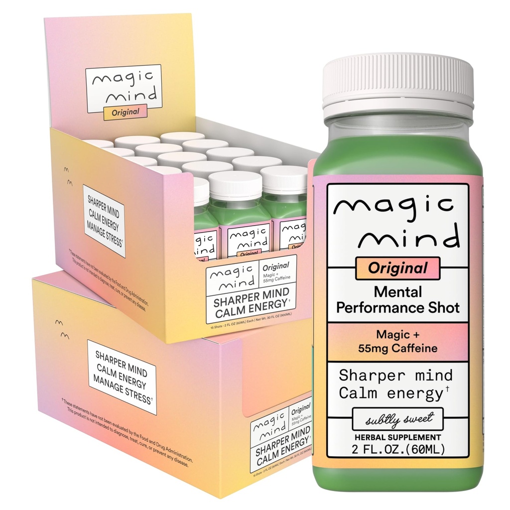 Magic Mind Focus Energy Drink Shots - No Jitters, Stress Relieving, Ashwagandha, Functional Mushrooms, Matcha Green Tea, Vitamin B12, C-vitamin - 2 FL Oz (30 Pack)