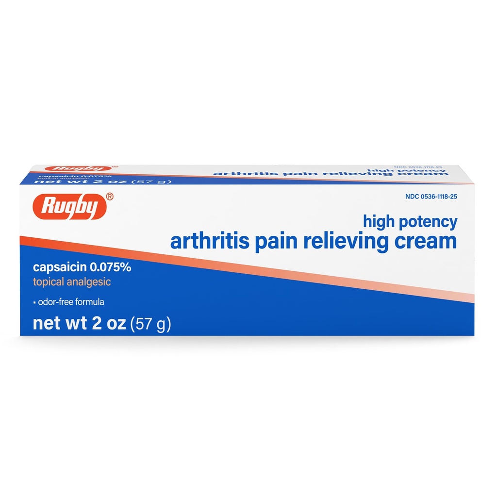 Rugby High Potency Capsaicin 0, 075% Cream - Pain Relief Cream for Gigt - 2 Oz (57g), (1 pakke)