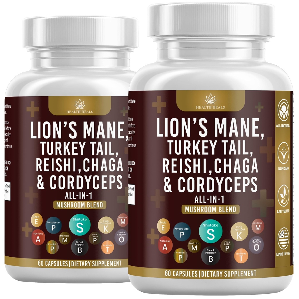 Mushroom supplement med løvens Mane Tyrkiet Tail Reishi Cordyceps Chaga Marshmallow Root - 120 Greve