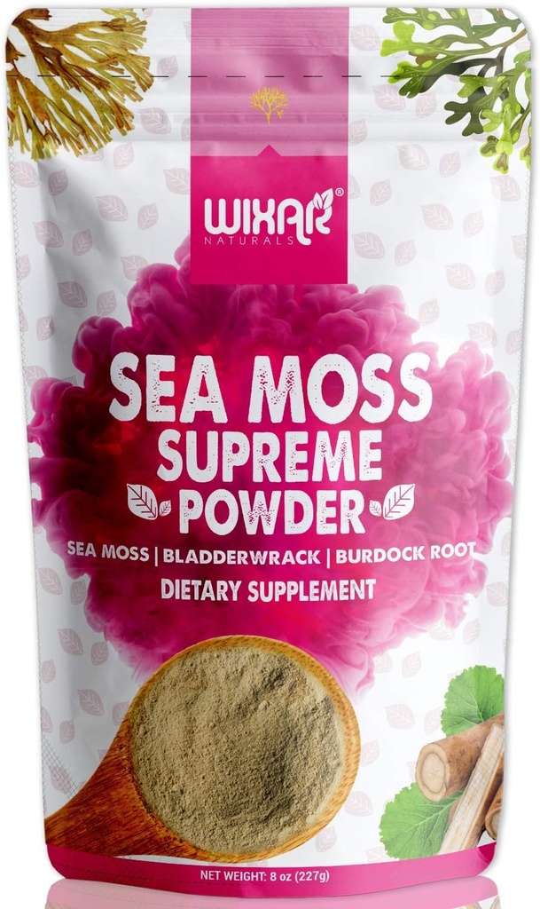 Wixar Wildcrafted Sea Moss Powder - (8 Ounces) - Natural Irish Sea Moss og Bladderwrack med Burdock Powder - Thyroid Support, Sund hud, Keto Detox, fælles støtte Alkalisk Kosttilskud