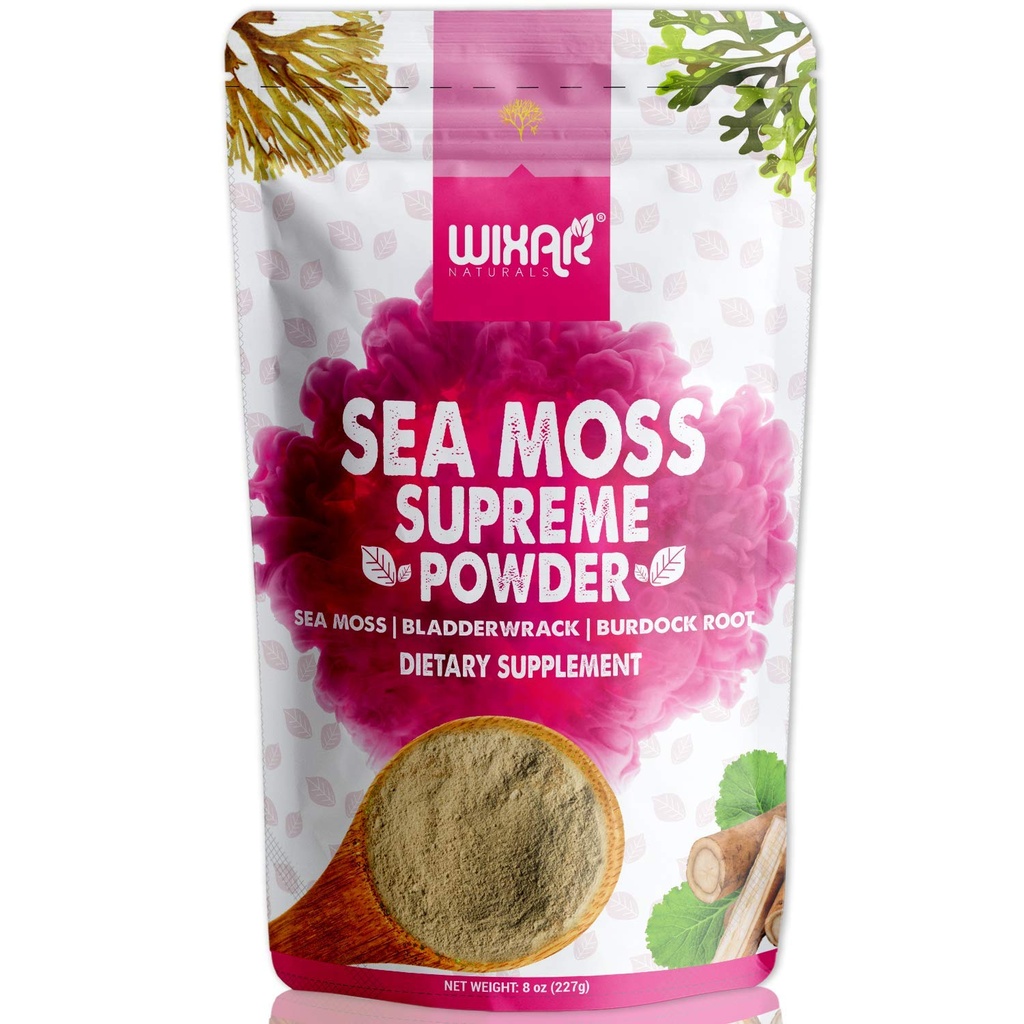 Wixar Wildcrafted Sea Moss Powder - (8 Ounces) - Natural Irish Sea Moss og Bladderwrack med Burdock Powder - Thyroid Support, Sund hud, Keto Detox, fælles støtte Alkalisk Kosttilskud