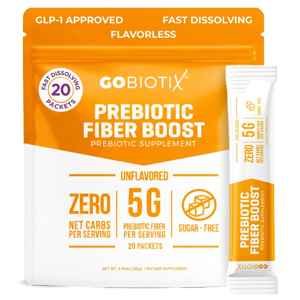 GoBiotix Fiber Supplement Pulver med Prebiotics til fordøjelse sundhed og GLP-1 Support, Opløselig Fiber til Gut Health & Debloat, Keto, Vegan, Gluten & Sugar Free, 20 Servere (Rejser)