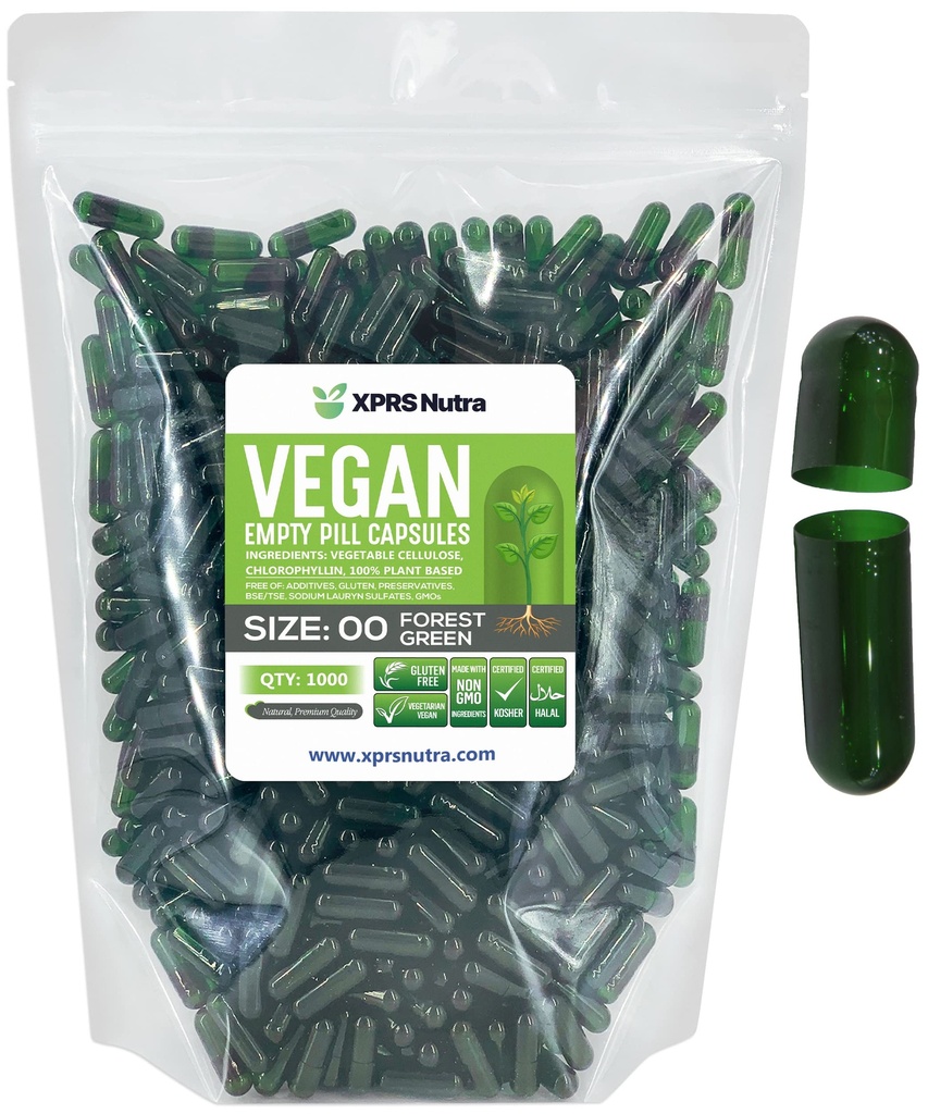 XPRS Nutra Størrelse 00 Tomme kapsler - 1000 Grev Tomme Veganske kapsler - Vegetariske Tomme piller - DIY Vegetabilske Kapsler Filling- Veggie Pill Caps (Forest Green)