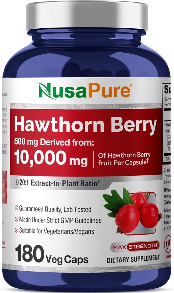 NusaPure Hawthorn Berry 20: 1 Extract, 500 mg svarende til 10.000 mg 180 Veg Caps, Egnet til vegetarer, Vegan, Non- GMO kosttilskud