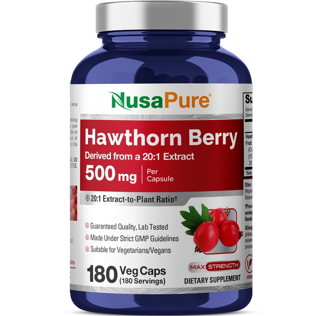 NusaPure Hawthorn Berry 20: 1 Extract, 500 mg svarende til 10.000 mg 180 Veg Caps, Egnet til vegetarer, Vegan, Non- GMO kosttilskud
