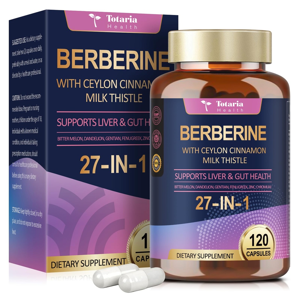Berberine tillæg med Ceylon Cinnamon, Milk Thistle - GLP-1 Supplement GLP Activate Natural Formel, Berberine Plus for lever & Gut Sundhed, Immunitet, Bedre Figur, Mænd & Kvinder - 120 Veganske Caps