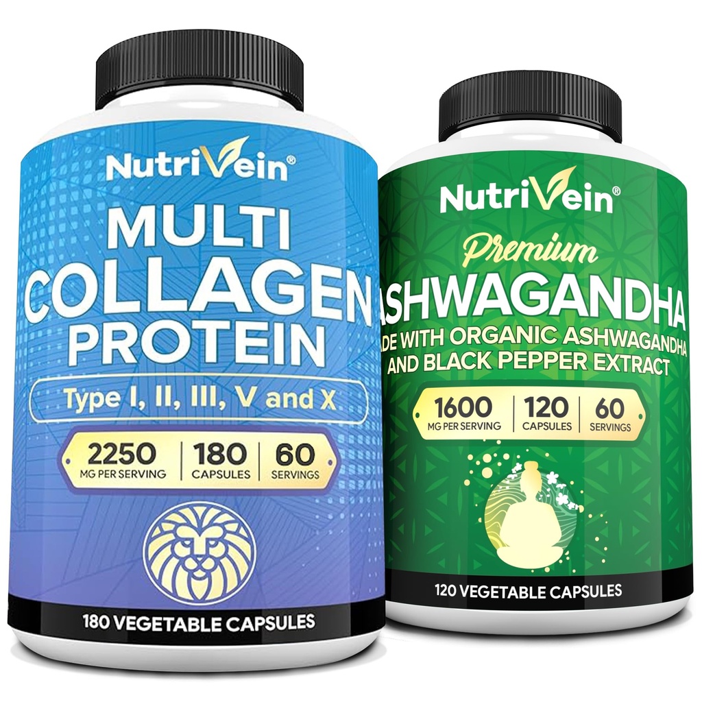 Nutrivein Premium Multi Collagen kapsler & Ashwagandha kosttilskud Bundle: High- Absorption Ashwagandha Root & Multi Collagen peptider kapsler til krop og sind