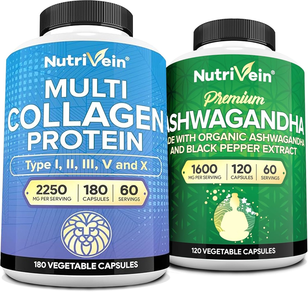 Nutrivein Premium Multi Collagen kapsler & Ashwagandha kosttilskud Bundle: High- Absorption Ashwagandha Root & Multi Collagen peptider kapsler til krop og sind