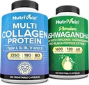 Nutrivein Premium Multi Collagen kapsler & Ashwagandha kosttilskud Bundle: High- Absorption Ashwagandha Root & Multi Collagen peptider kapsler til krop og sind