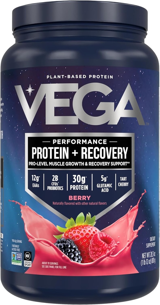 Vega Sport Vegan Protein Powder + Inddrivelse - 30g Plant Based Protein per servering, Berry, 19 Servering, 5g BCAA, Probiotika, NSF Certified, For Shakes & Smoothies, 1.8lbs (Packaging May Vary)