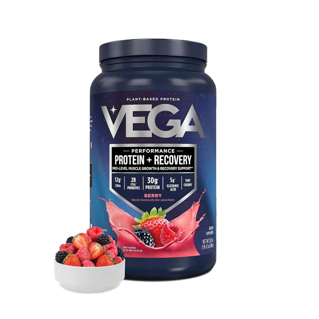 Vega Sport Vegan Protein Powder + Inddrivelse - 30g Plant Based Protein per servering, Berry, 19 Servering, 5g BCAA, Probiotika, NSF Certified, For Shakes & Smoothies, 1.8lbs (Packaging May Vary)