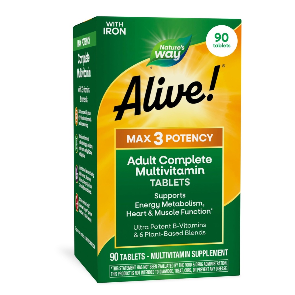Naturen er i live! Max3 Potency Daily Multivitamin, Methylerede B12 og Folate, Ultra Potency B- vitaminer til at understøtte energi Metabolisme *, 90 tabletter