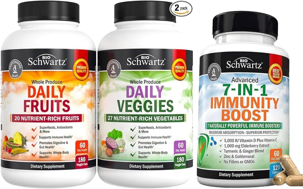 BioSchwartz Daglige frugter og grøntsager Supplement for kvinder og mænd (2 måneders forsyning) Plus 7 i 1 immunstøtte supplement med antioxidanter (2 måneders forsyning)