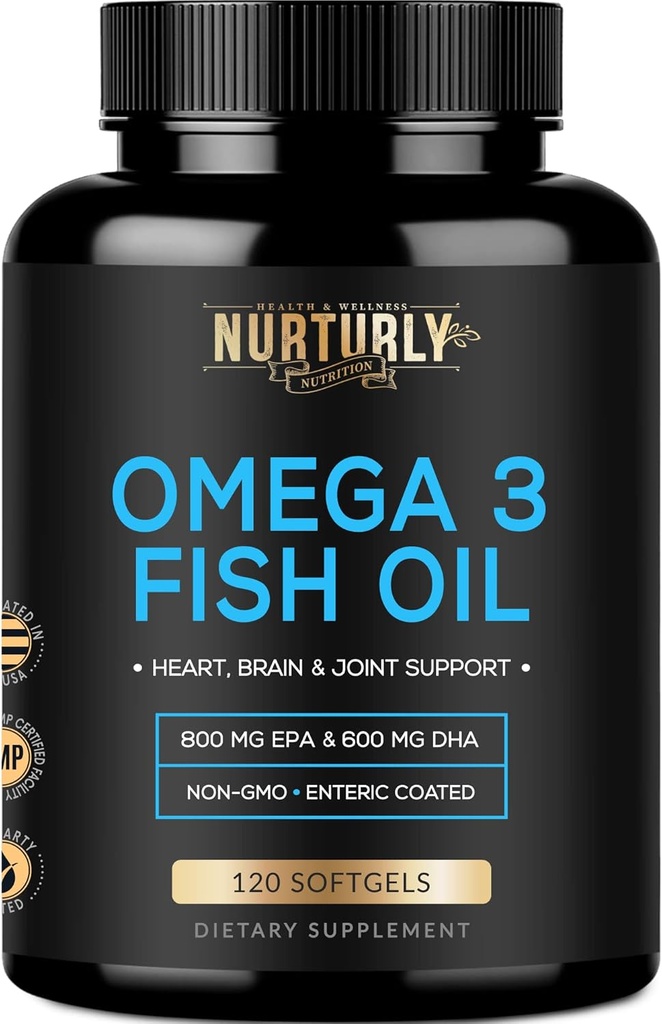 Omega 3 Fish Oil 2000mg, 800mg EPA og 600mg DHA - Enteric Coated and Burpless - Understøtter hjerne, og hjerte - Burpless, non-GMO, 3. part Lab Testet og NSF Certified - 120 Softgels