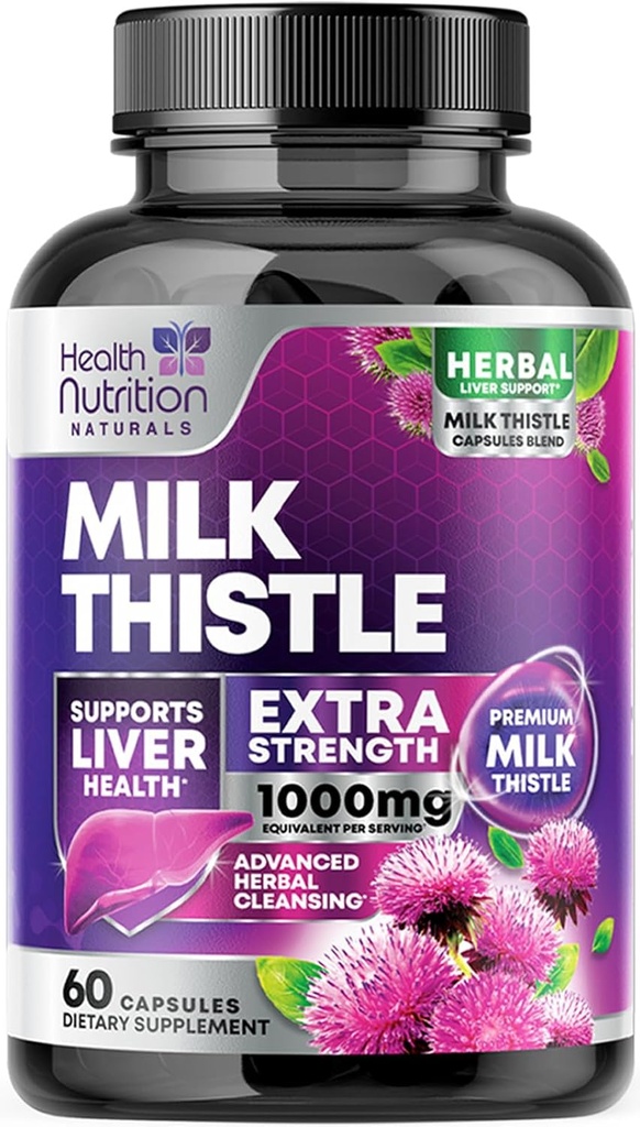 Mælk Thistle Supplement med Silymarin Marianum & Mælkebøtte Root Lever Health Support - 9: 1 Uddrag Lever Rengøring Detox & Reparation 1000mg Ækvivalent - Nature 's Milk Thistle Kosttilskud - 60 Kapsler