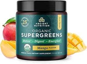 Ancient Nutrition SuperGreens pulver med Probiotika, Organic Mango Flavor Green, Lavet af ægte frugter, Grøntsager og urter, fordøjelses- og energistøtte, 12 Servere, 3.3oz