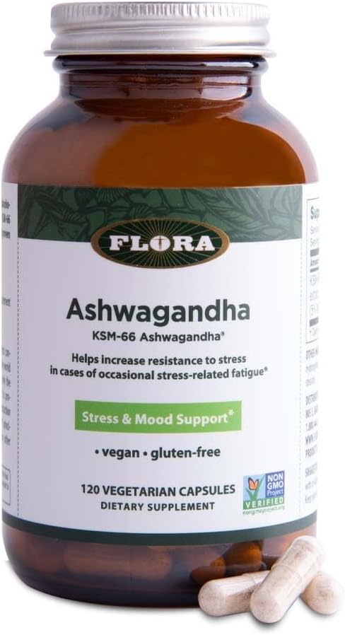 Flora Ashwagandha - KSM- 66 - Stress Support Herbal Supplement - Aids Better Sleep & Atletic Performance - Vegan, Non- GMO & Gluten- Free - 120 Vegetariske kapsler