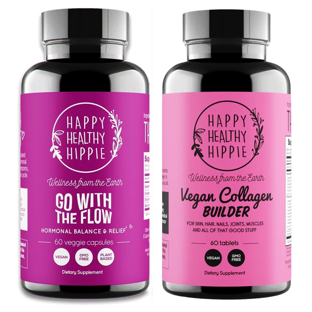 Happy Sund Hippie Vegan Collagen Builder w / Hyaluronic Acid & Gå med Flow Hormone Balance for Kvinder