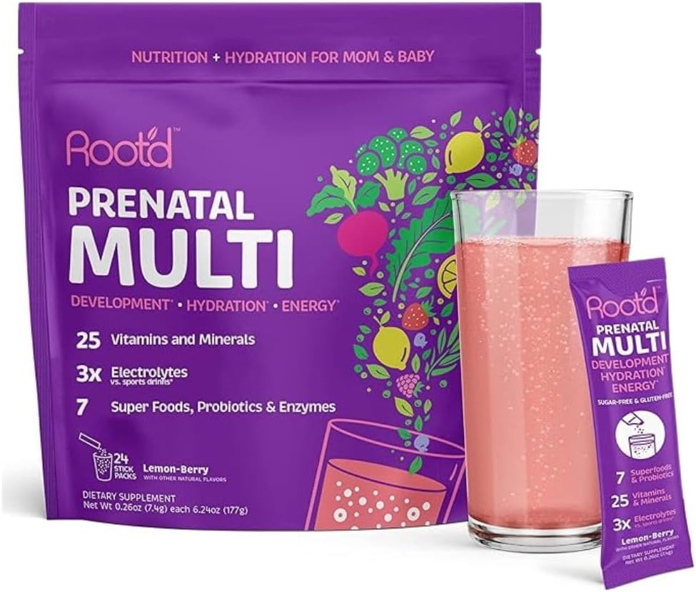 Root 'd Prenatal Multivitamin Powder med 3X Electrolytes - 25 Vitamin & Mineraler, Folate, Jern, Vitamin D3, 7 Superfoods & Probiotika, Sugar- Free Vitamin & Hydration Medic124; 24 Vitamin Drink Mix Pakninger