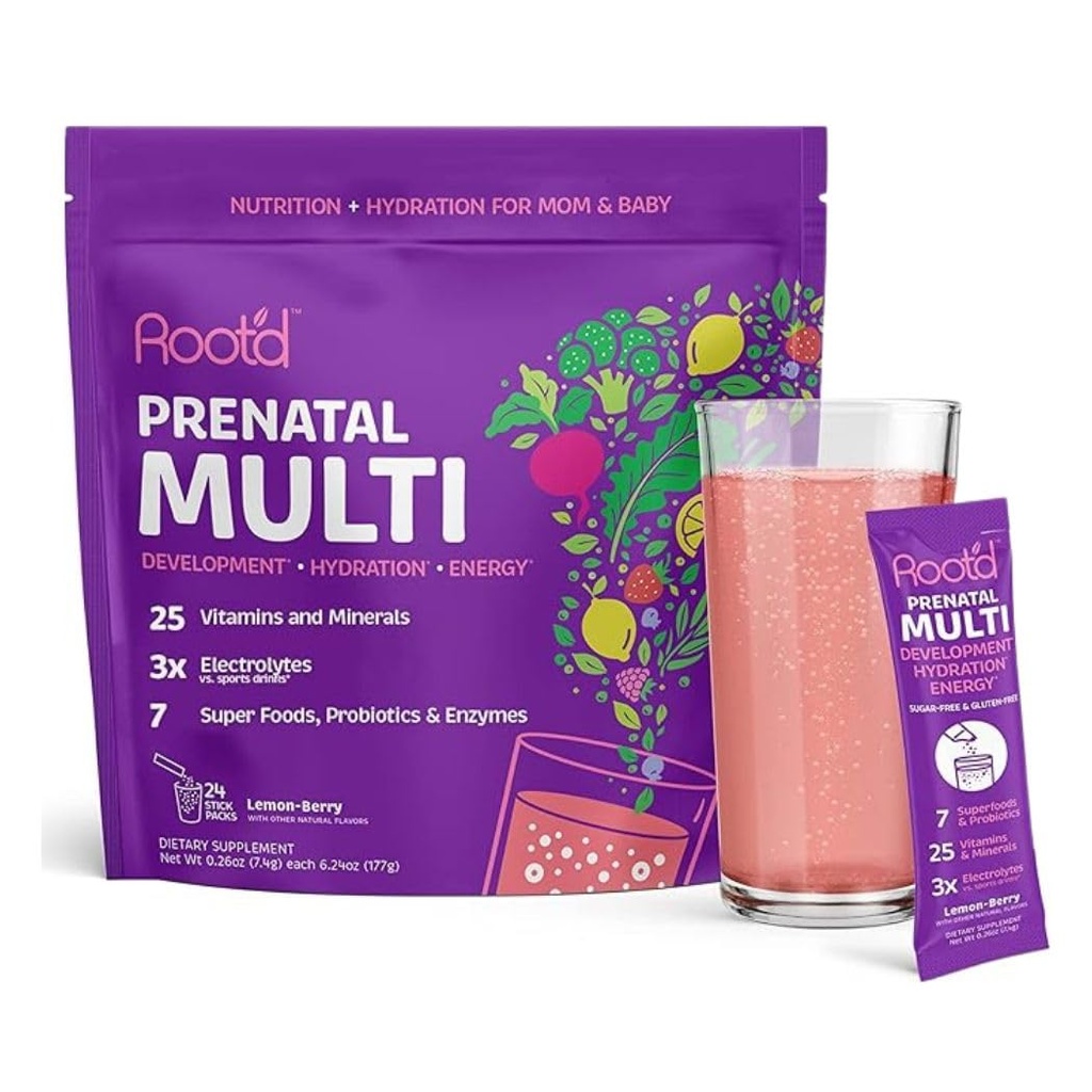 Root 'd Prenatal Multivitamin Powder med 3X Electrolytes - 25 Vitamin & Mineraler, Folate, Jern, Vitamin D3, 7 Superfoods & Probiotika, Sugar- Free Vitamin & Hydration Medic124; 24 Vitamin Drink Mix Pakninger