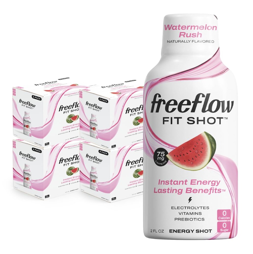 Freeflow Fit Energy Shots, Watermelon Rush, Naturlig Koffein Boost med L-theanin, Ginseng, Vitaminer, Prebiotika, Elektrolyter (24 Greve, 2oz Shots)