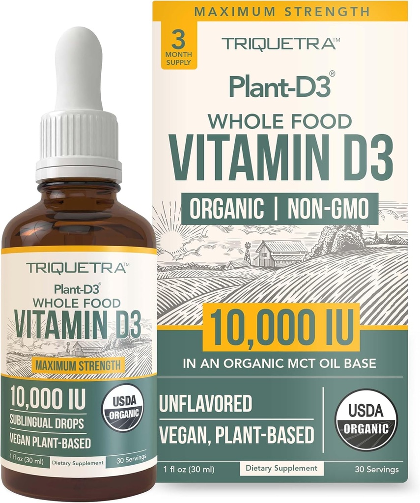 Organic Vitamin D3 10.000 IE - Plant D3, Vegan, Max Strength Sublingual Liquid D3 Drops - 200% højere Absorption, 100% Plantbaseret Cholecalciferol Form & Vegan D3, Justerbar dosering (30 Servere)