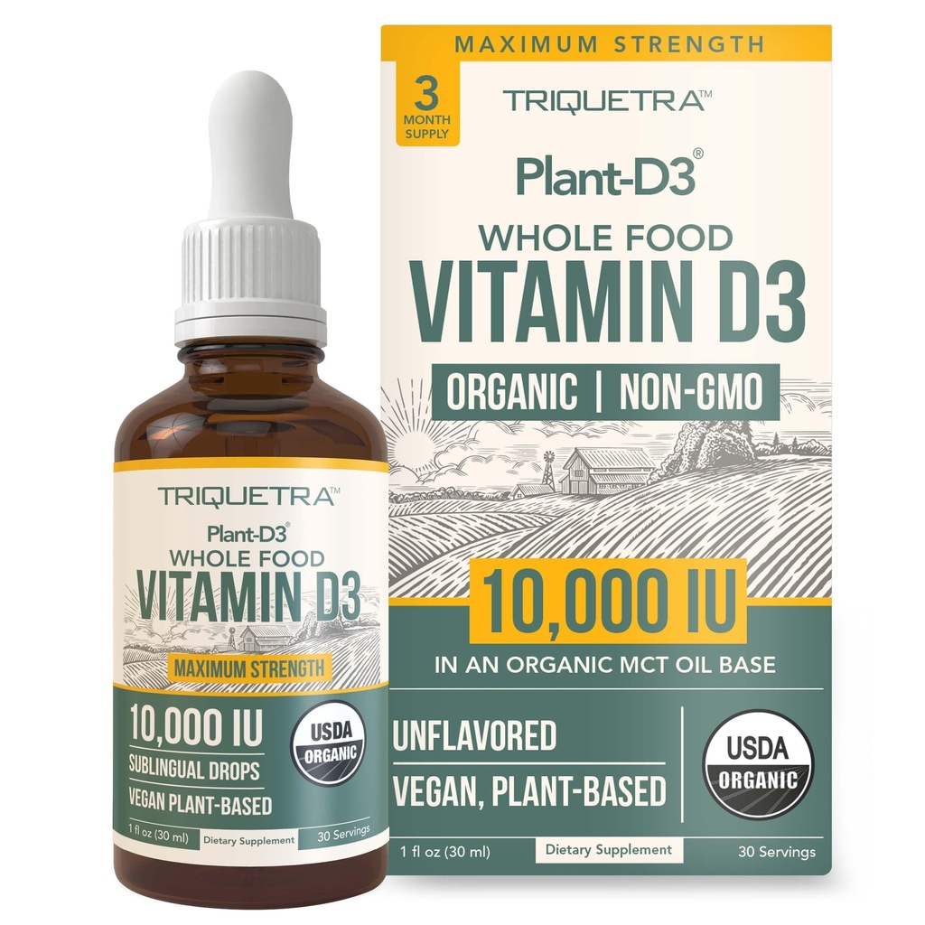 Organic Vitamin D3 10.000 IE - Plant D3, Vegan, Max Strength Sublingual Liquid D3 Drops - 200% højere Absorption, 100% Plantbaseret Cholecalciferol Form & Vegan D3, Justerbar dosering (30 Servere)