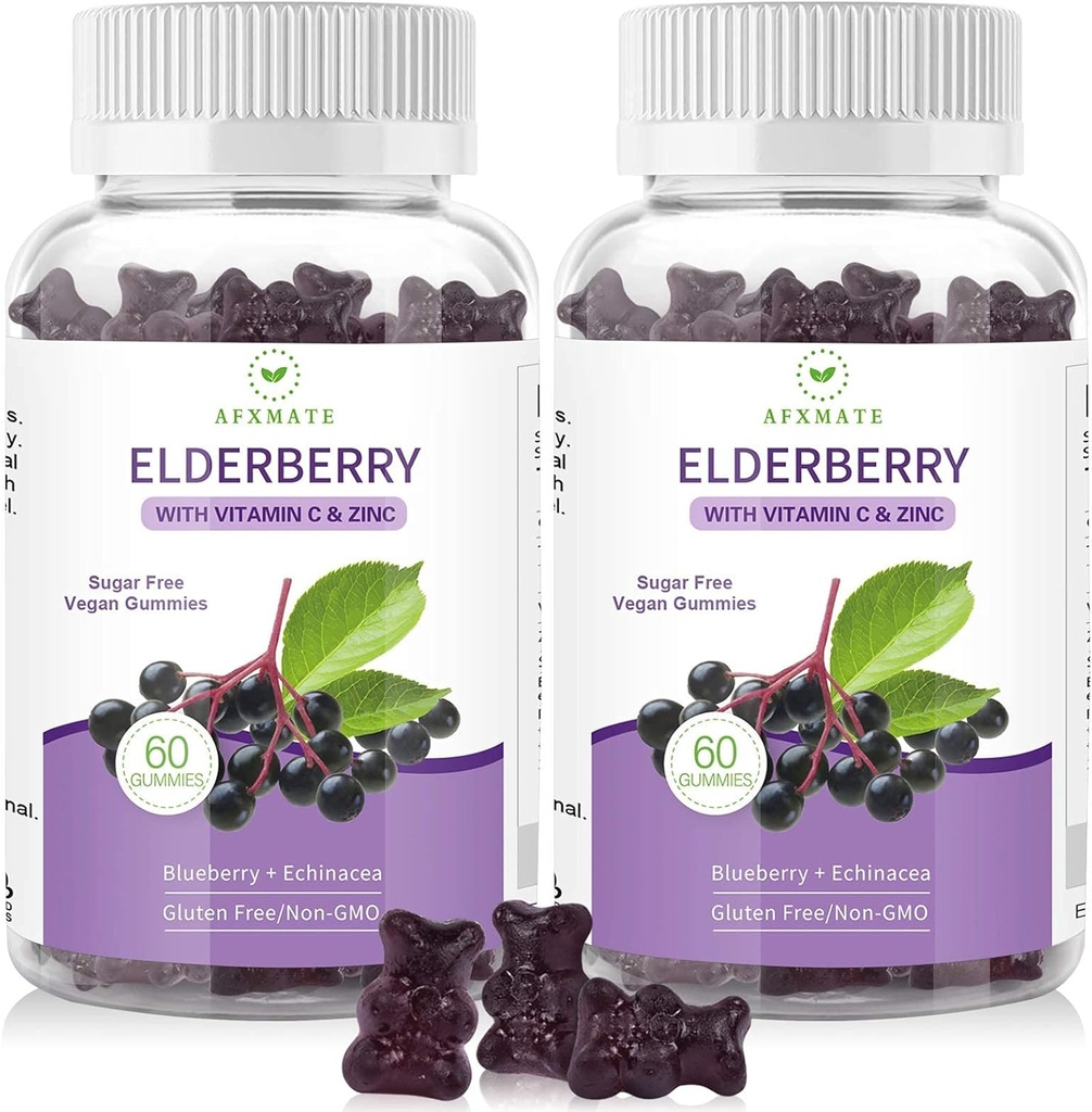 AFXMATE Sambucus Black Elderberry Gummies med zink og C-vitamin til voksne børn immunstøtte, Sukker Free 120 Tællere