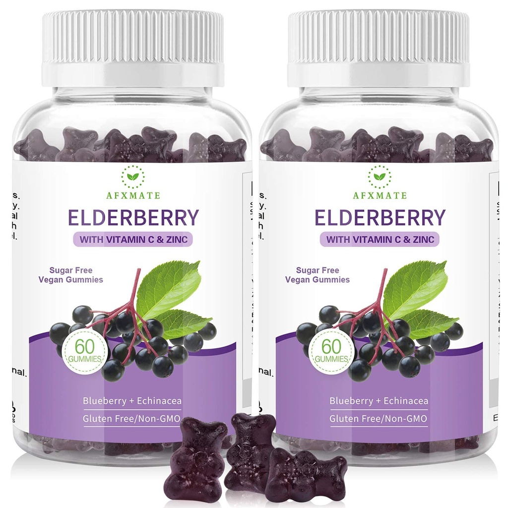 AFXMATE Sambucus Black Elderberry Gummies med zink og C-vitamin til voksne børn immunstøtte, Sukker Free 120 Tællere