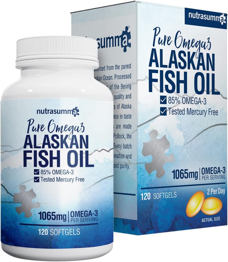 Nutrasumma High Renset Omega 3 Supplement Wild Alaskan Fish Oil Burpless & No Fishy Taste, 650mg EPA & 270mg DHA af 1250mg Fish Oil softgel, Gluten Free, Heart, Brain & Immune Support, 60 Servere
