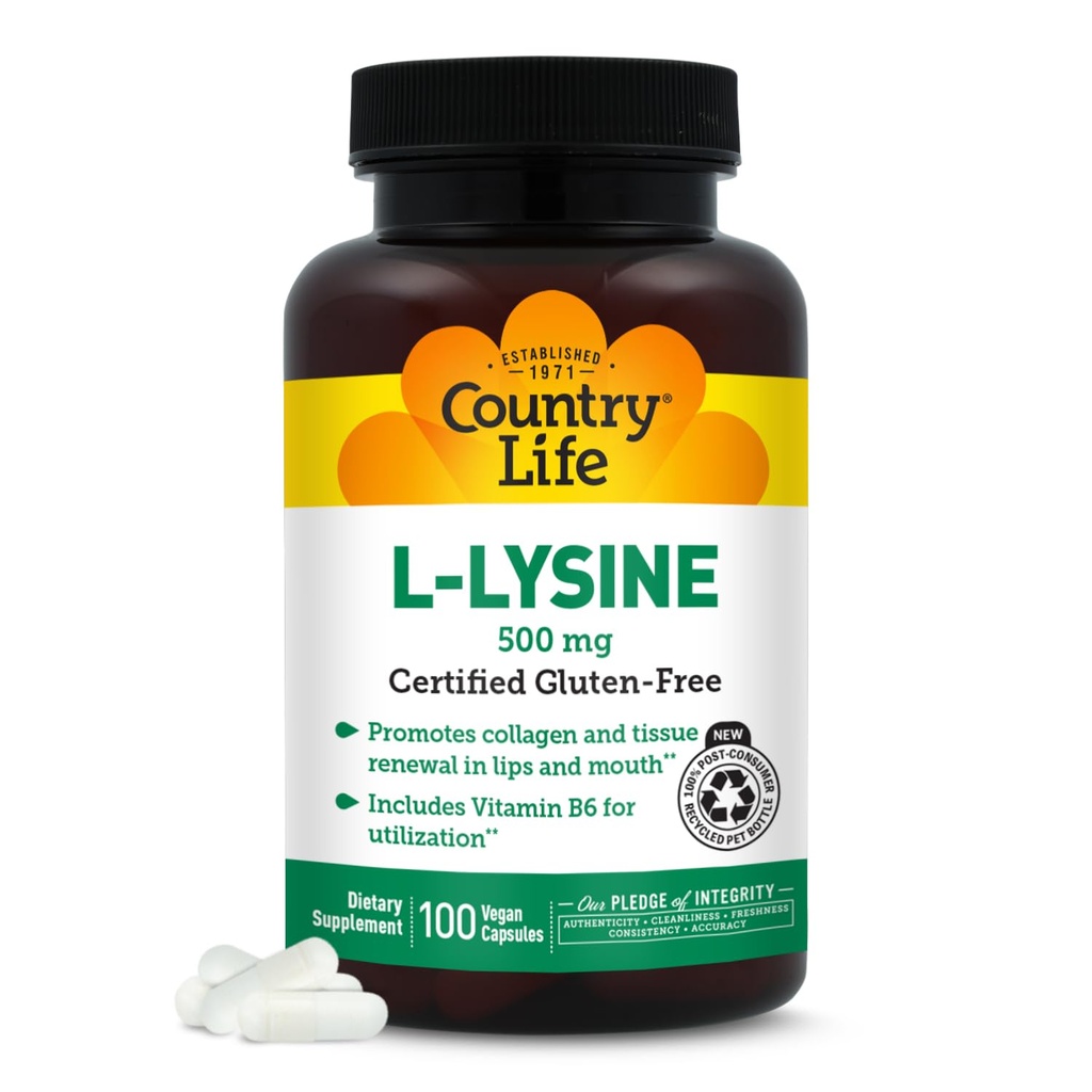 Country Life L- Lysin 500mg med B- 6, understøtter immunsundhed, fremmer collagen fornyelse i læber og mund, 100 Vegan kapsler, Certificeret gluten fri, Certificeret Vegan