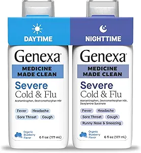 Genexa Clean Cold & Flu Daytime + Nighttime Severe Relief, Dye Free, 0% Artificial Additives, Acetaminophen Fever Reducer, Cough Suppressant, Antihistamine, Organic Blueberry Flavor, 12 fl oz (2 pack)