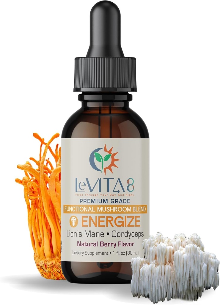 LeVITA8 Premium Mushroom Drops for voksne - 100% Natural Berry Flavor - Synergistisk Blend af Lions Mane Liquid, Cordyceps Extract & B12 - Hurtig Absorbing Drop (1oz, 30 dages forsyning)