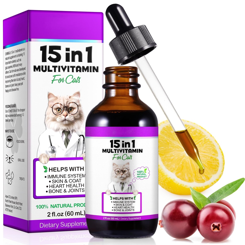 Cat Multivitamin, 15 i 1 Kat Vitaminer flydende dråber Kosttilskud til hjerte sundhed, Bones, Fælles, Hud & Coat, Bstige, Immunsystemet Support 60ml