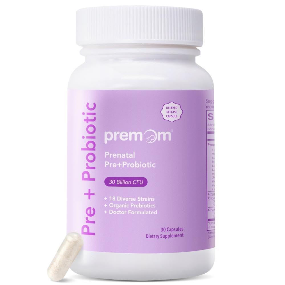 Premom Prenatal Pre & Probiotika til kvinder: 18 Diverse Organic Prebiotics Strops - Understøtter fordøjelse, 30 Millioner CFU, Gut & immunforsvar sundhed til mor og baby - Daglige kapsler