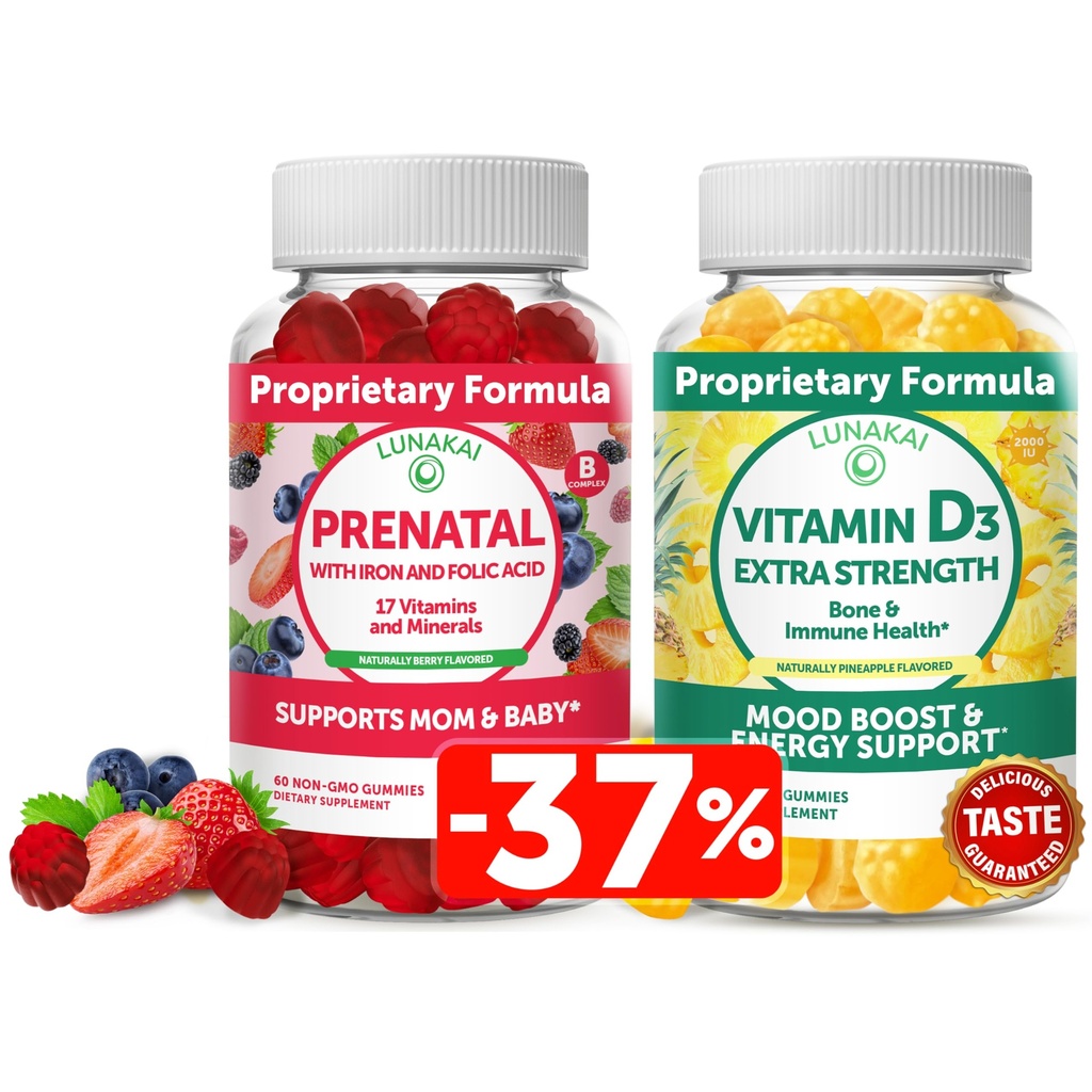 Lunakai Prenatal og vitamin D3 Gummies Bundle - Graviditet Multivitamin Gummy med jern & folsyre - Immunitet, ben og mood Support for voksne
