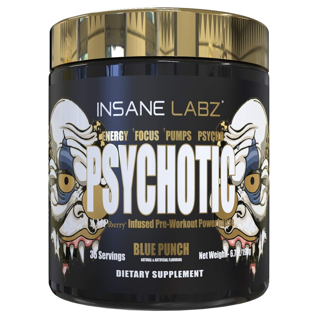 Insane Labz Psykotisk Guld, High Stimulant Pre Workout Powder, Extreme Lasting Energy Focus, Pumper og Endurance med Beta Alanine, DMAE Bitartrate, NO Booster (35 Serveringer, Blue Punch)