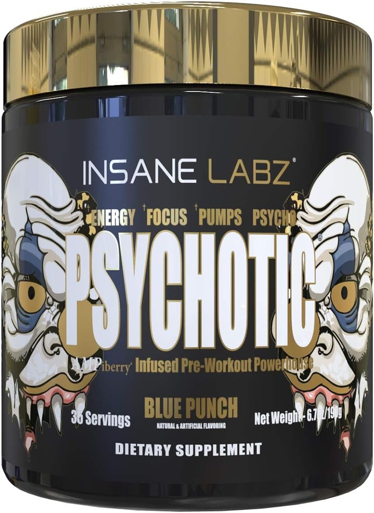 Insane Labz Psykotisk Guld, High Stimulant Pre Workout Powder, Extreme Lasting Energy Focus, Pumper og Endurance med Beta Alanine, DMAE Bitartrate, NO Booster (35 Serveringer, Blue Punch)