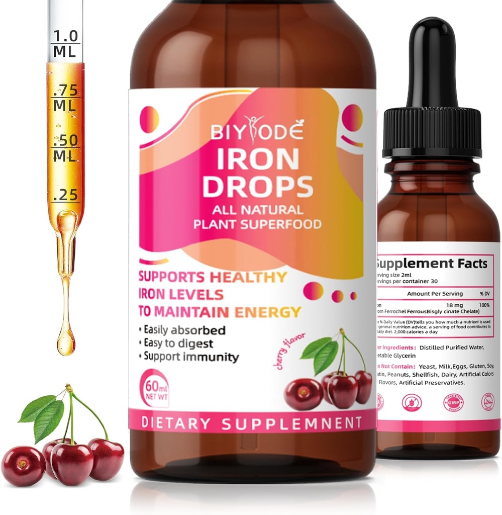 Jerntilskud til kvinder Drops: Flydende jerntilskud med C-vitamin B12 & folinsyre Gentle Absorption Energy Support Non- Constipating Formel Vegan sukkerfri dråber