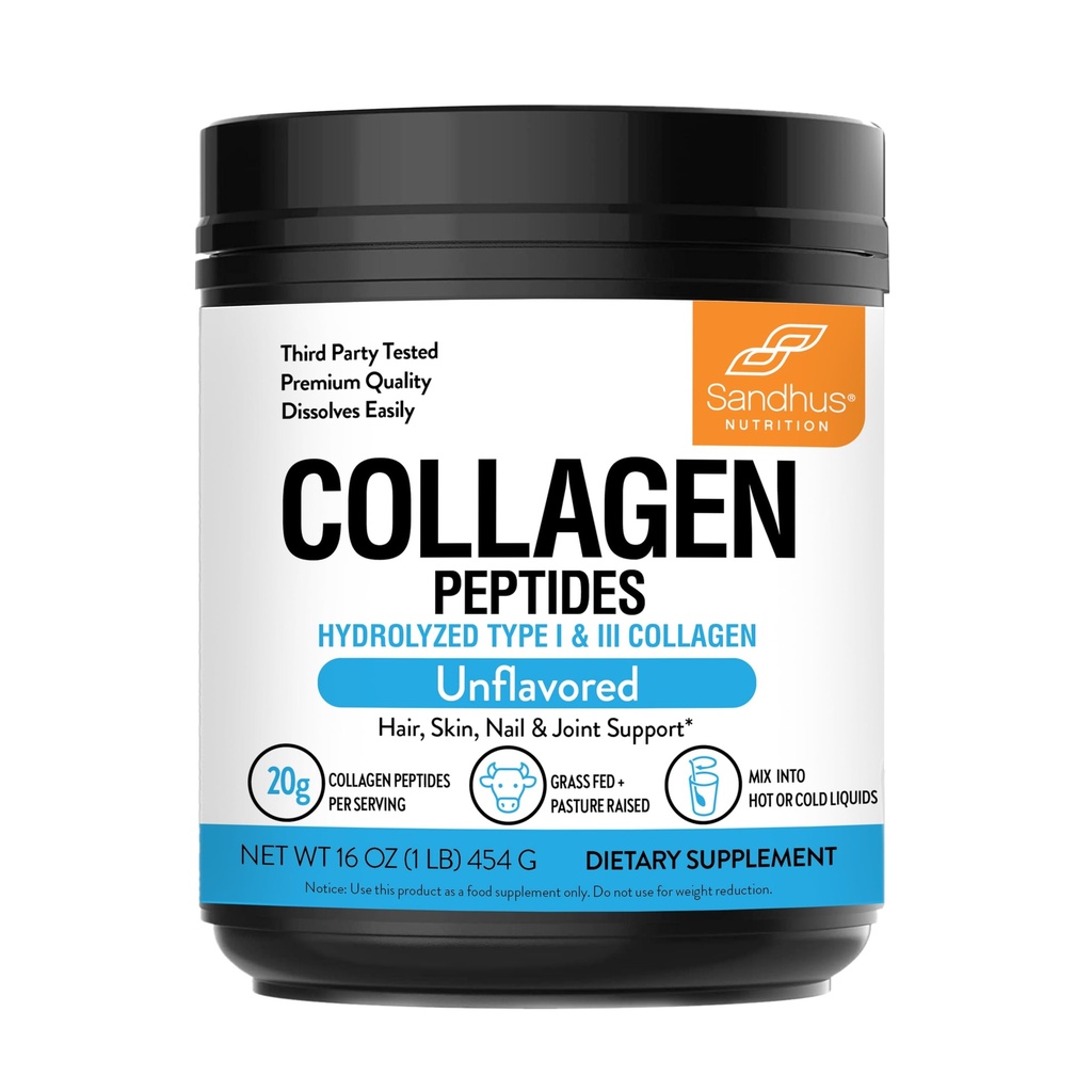 Sandhu 's Collagen Peptider Powder Buddy 124; 1 LB, 22 Servering Unflavored Buddy 124; Grass- Fed Hydrolyzed Bovin Collagen Buddy 124; Understøtter Youth Skin, Hår, Nails, Mobility & Fleksibilitet