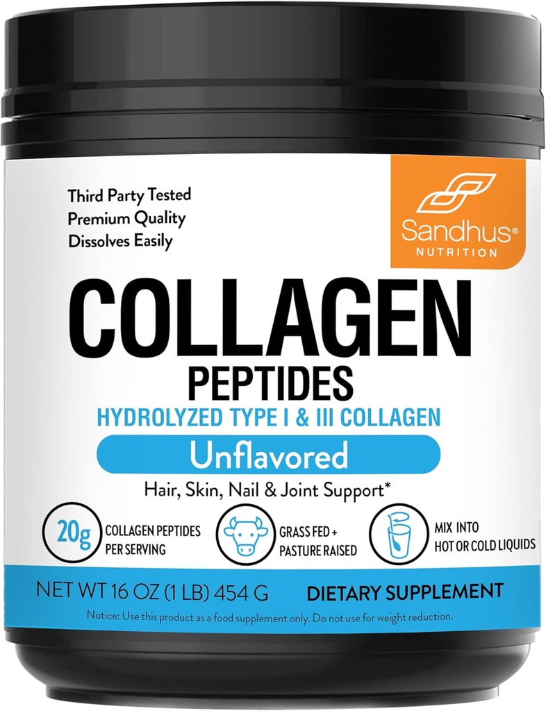 Sandhu 's Collagen Peptider Powder Buddy 124; 1 LB, 22 Servering Unflavored Buddy 124; Grass- Fed Hydrolyzed Bovin Collagen Buddy 124; Understøtter Youth Skin, Hår, Nails, Mobility & Fleksibilitet