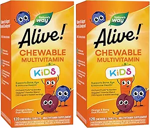 Naturen er i live! Børns daglige tyggetabletter Multivitamin, understøtter ben, øje og immunforsvar *, Orange & Berry Fruit Flavored, Gluten Free, 120 tyggetabletter (Packaging May Vary) (Pack of 2)