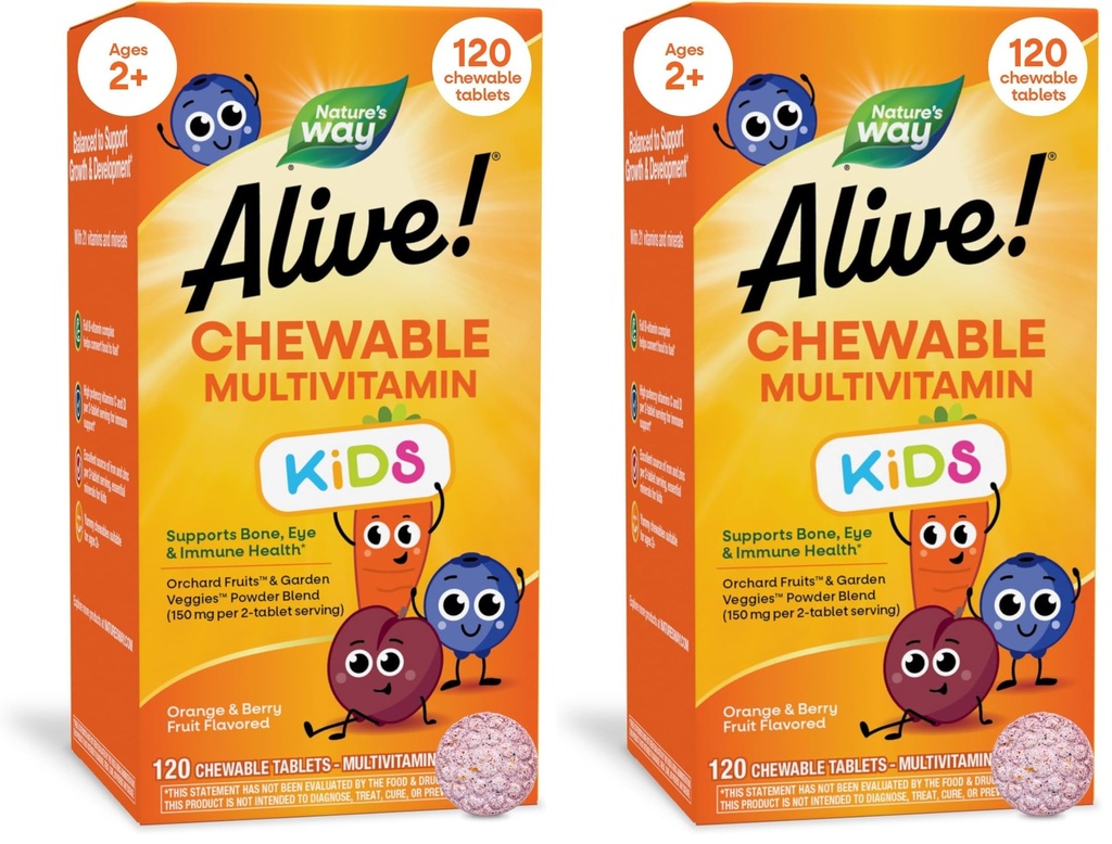 Naturen er i live! Børns daglige tyggetabletter Multivitamin, understøtter ben, øje og immunforsvar *, Orange & Berry Fruit Flavored, Gluten Free, 120 tyggetabletter (Packaging May Vary) (Pack of 2)