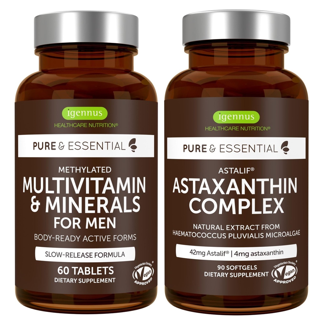 Multivitamin & mineraler til mænd + Astaxanthin Complex Vegan Bundle, Vedvarende frigivelse Avanceret Multivitamin + 4 mg H. Pluvialis Natural Astaxanthin, af Igennus