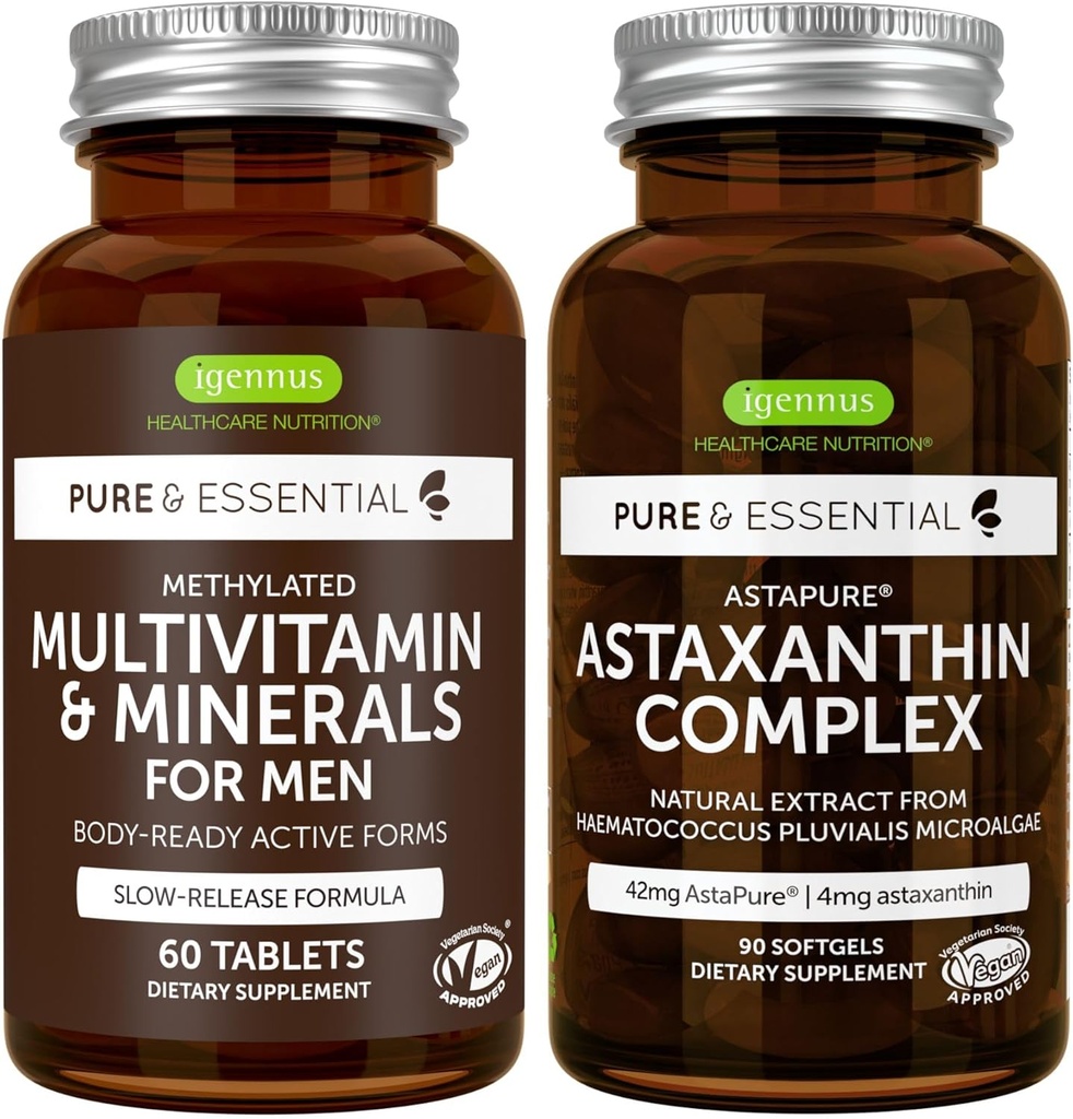 Multivitamin & mineraler til mænd + Astaxanthin Complex Vegan Bundle, Vedvarende frigivelse Avanceret Multivitamin + 4 mg H. Pluvialis Natural Astaxanthin, af Igennus