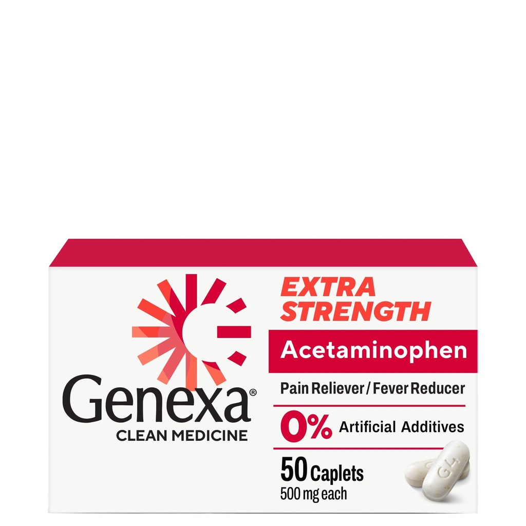 Genexa Clean Acetaminophen 500mg Extra Strength, Dye Free Pain Reliever Fever Reducer, 0% kunstige tilsætningsstoffer, smertestillende medicin til voksne, Relieves Hovedpine, Backache, Mindre arthritis Smerte, 50 tabletter
