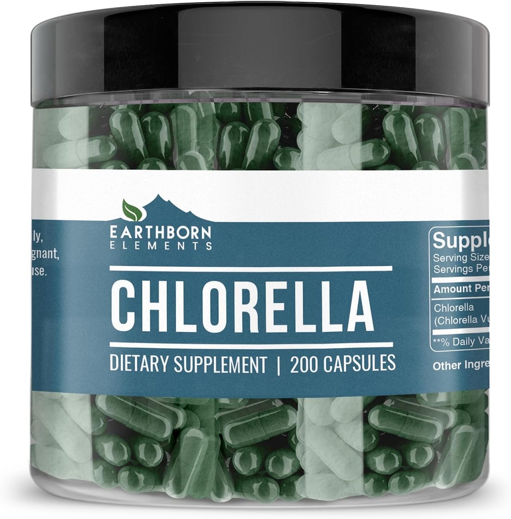 Earthborn Elements Chlorella 200 Kapsler, Pure & Ufortyndet, Ingen tilsætningsstoffer