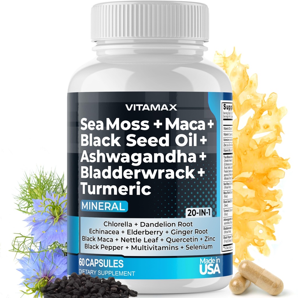 Sea Moss Maca Black Seed Oil Ashwagandha Bladderwrack Turmerisk - Manuka Honey, Elderberry, C-vitamin & D3, Mælkebøtte & Sort Pepper - Non- GMO - Vegan - Made in USA - 60ct